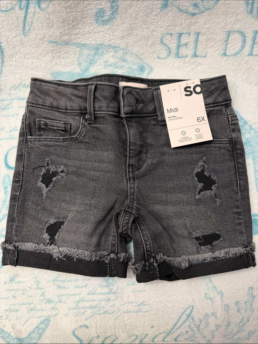 SO Girls Charcoal Distressed Denim Midi Shorts